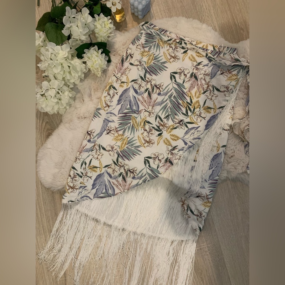 Sigrid Olsen Boho Wrap Fringe Tropical Floral Skirt